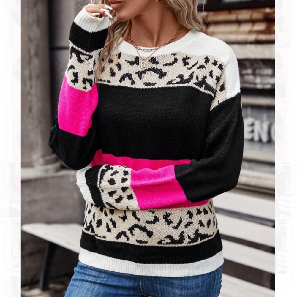 🆕NEW!🛍️Hot Pink Animal Print Colorblock Sweater 🐾